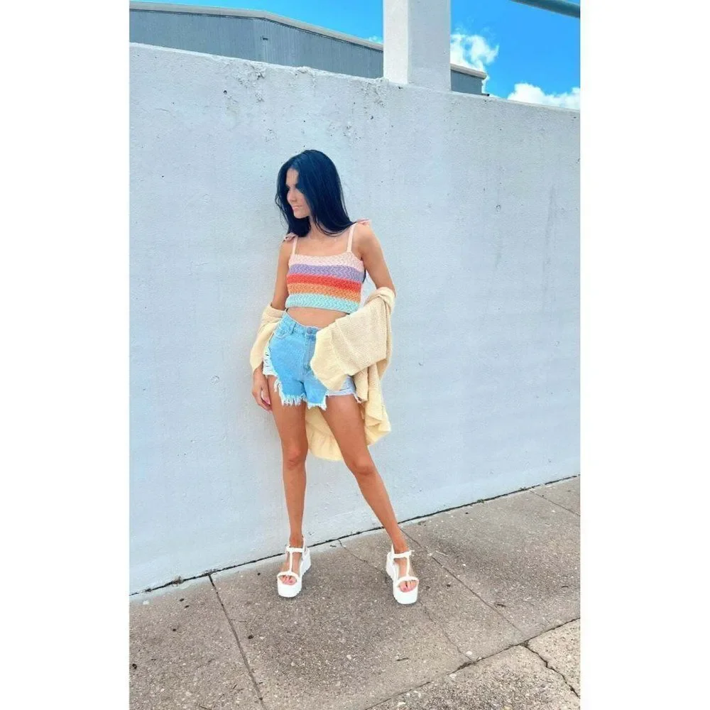 POL Clothing Tie Shoulder Sweater Crop Tank Top Rainbow Sherbet Summer YST7 - Picture 4 of 9